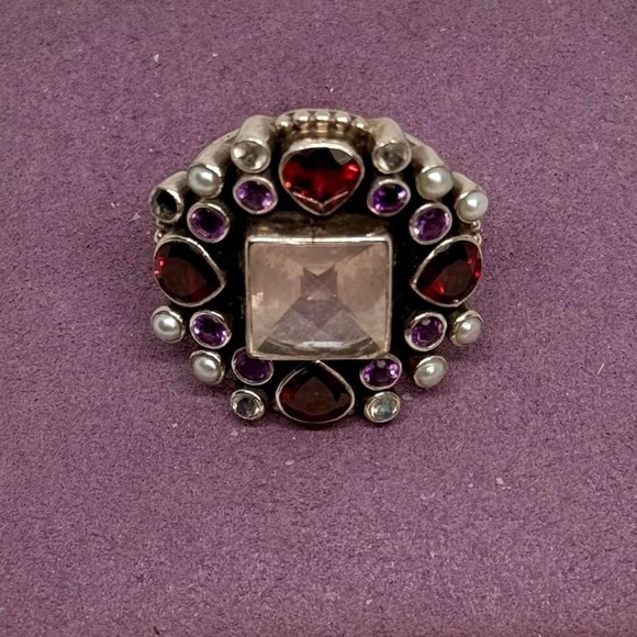 Chunky Vintage Sterling Silver Designer Multigemstone Ring - Picture 3 of 6